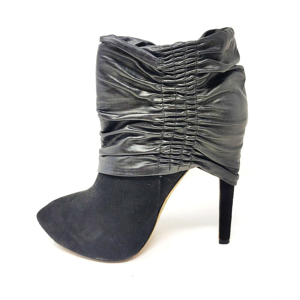 LAMB Womens 7.5 Heel Boots Black Leather Stiletto Suede Ruched Platform Goth Emo